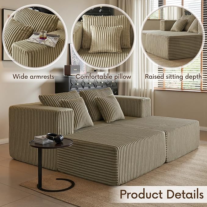82" Oversized Chaise Lounge Chair, Corduroy Upholstered Sleeper Sofa with 4 Throw Pillows and Wide Armrest for Living Room, No Assembly Required Loveseat Couch, Foggy sage Green