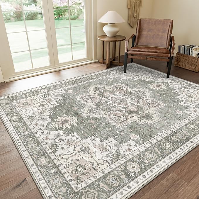 GENIMO 5x8 Area Rugs for Living Room, Machine Washable Low Pile Rugs, Chenille Non Alip Vintage Rug for Bedroom, Dining Room, Home Office, Moonlight