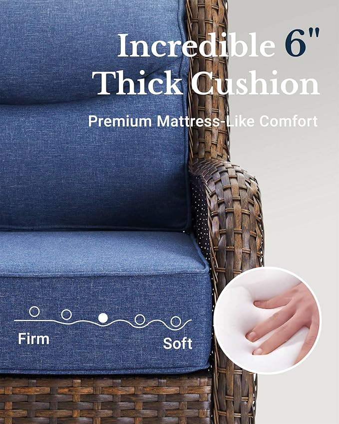 HILLGA Luxury High Back Patio Furniture Set with 6-Inch Thick Cushion, 5-Piece Outdoor Conversation Set with Loveseat, Swivel Rocker Chairs & Ottomans, Ideal for Porch Pool Deck Yard (Blue)