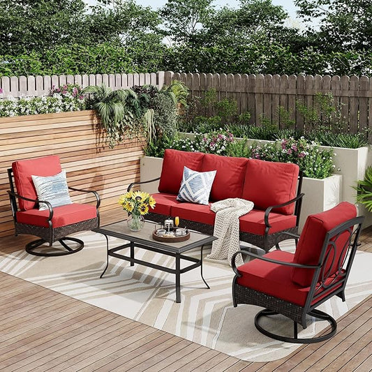 PHI VILLA Outdoor Modern Patio Furniture Set, Upgraded Wicker&Metal Patio Furniture Conversation Set with Waterproof Thick Cushions for Porch, Poolside, Deck, and Yard (4 Pieces,Red)