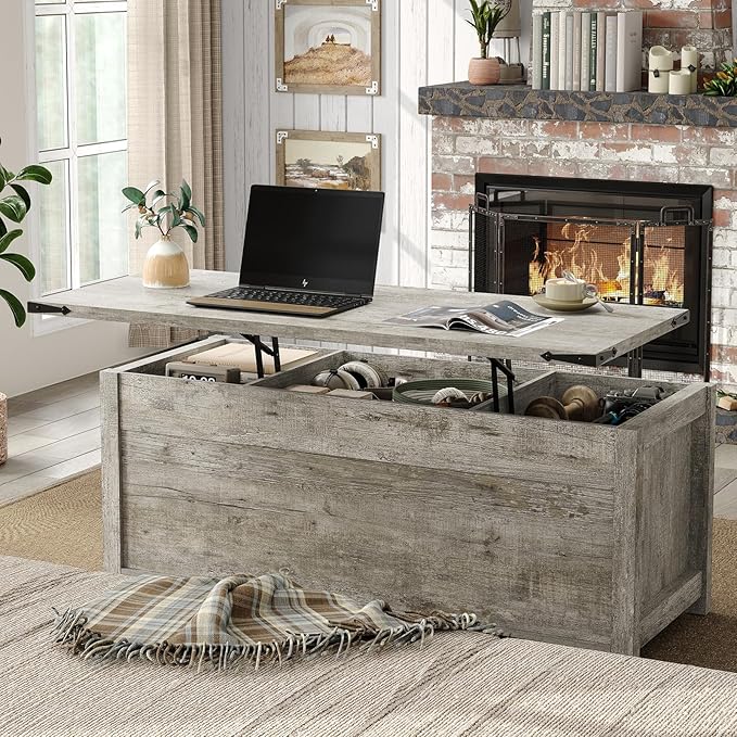 Lift Top Coffee Table, 47.3'' Farmhouse Coffee Table with Large Hidden Storage Compartment & Sliding Barn Doors, Wood Modern Rectangle Table for Home, Office, Rustic Grey