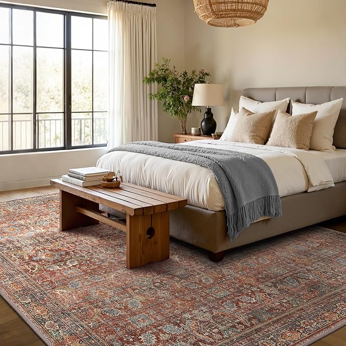 GENIMO 3x5 Area Rugs for Living Room, Machine Washable Non Slip Vintage Rugs, Low Pile Lightweight Chenille Print Rug for Bedroom, Dining Room, Home Office, Terracotta Indigo