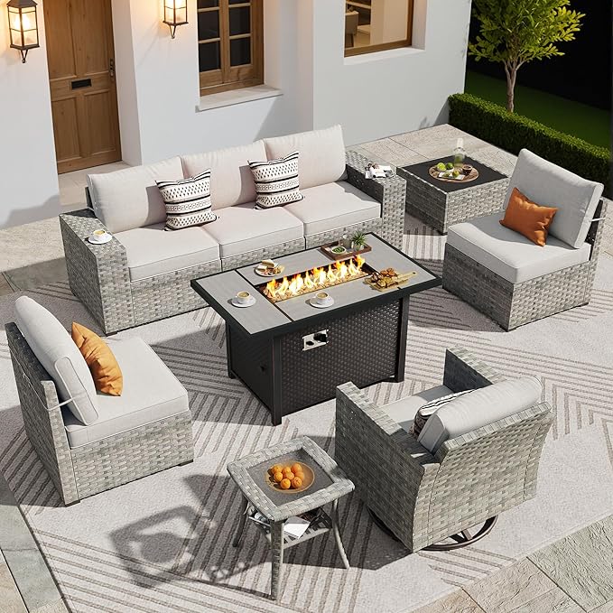 ovios 9 Pieces Patio Furniture Set, Outdoor Wicker Sectional Sofa with 42" Firepit Table Swivel Chair, Modern Modular Deep Seat Rattan Couch Conversation Sets, Beige