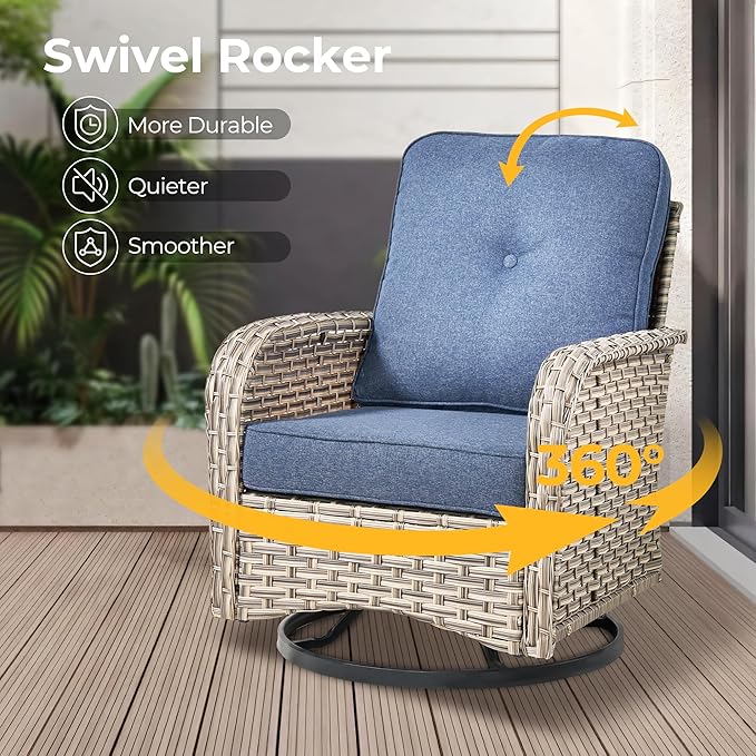 HOOOWOOO Outdoor Sectional Patio Furniture Set,8 Pieces Wicker Conversation Sets,Extra Deep Out Door Sofa Outside Furniture Couch with Swivel Chairs Ottoman,Denim Blue