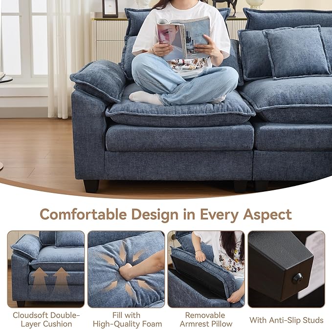 134'' Cloud Modern 4 Seater Couch with Detachable Headrest, Modular Sectional Sofa with 2 Ottoman, Oversized U Shape Chenille Comfy Sofa with Armrests for Living Room, Blue
