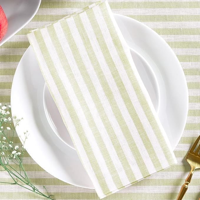 Solino Home Linen Cloth Napkins Set of 4-100% Pure Linen Sage and White Striped Dinner Napkins 20 x 20 Inch for Fall, Thanksgiving, Christmas - Amalfi Stripe, Handcrafted and Machine Washable