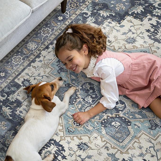 GENIMO 2x6 Runner Rugs for Hallway, Machine Washable Non Slip Vintage Rugs, Low Pile Lightweight Soft Print Rug for enrtyway, Corridor, Home Office, Kitchen, Center Blue