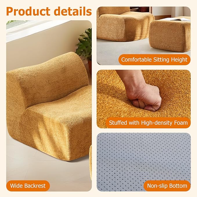 Lazy Sofa Chair, Modern Comfy Raindrop Velvet Fabric Deep Seat Armless Lounge Chair Movable Ottoman Set, 1-Seater Modular Sectional Sleeper Couch for Living Room, Bedroom, Office, Salon,Yellow
