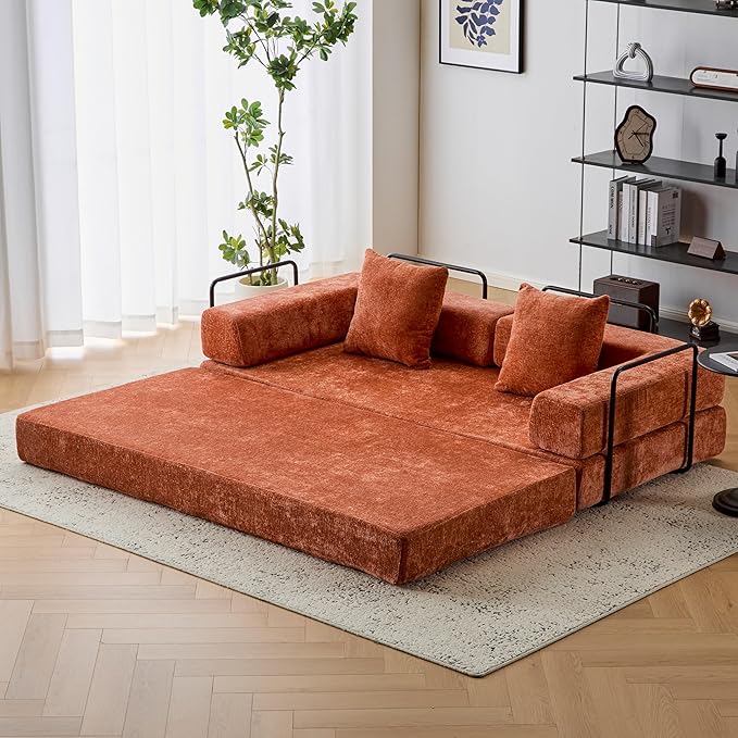 Convertible Floor Sofa Bed with Fixed-Shape Frame, Modular Chenille Folding Mattress Couch with Armrest, Floor Sofa Lounge Couch for Living Room Bedroom Lounge Studio,Burnt Orange