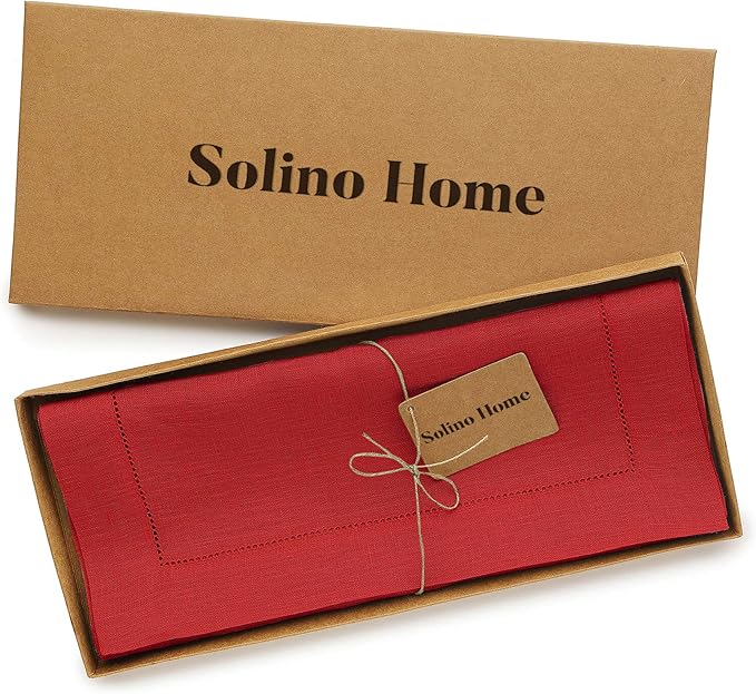 Solino Home Linen Red Table Runner 36 Inches - Classic Hemstitch, 100% Pure Linen Coffee Table Runner 14 x 36 Inch Ideal for Dresser Tables - Christmas, Holiday