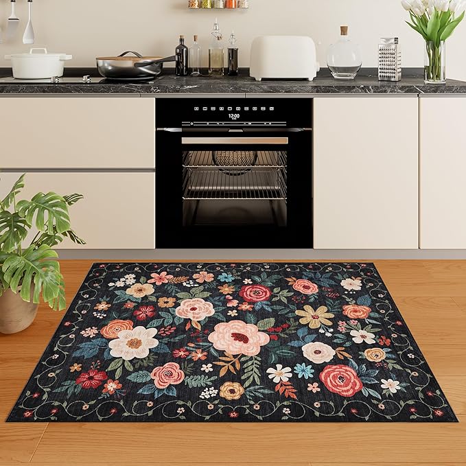 DUKINO 3x4 Area Rug, Lightweight Non Slip Washable Floral Rug, Indoor Low Pile & Non-Shedding Boho Design Carpets for Bedroom, Kitchen, Dining Room, Black