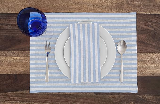 Solino Home Linen Placemats Set of 4 - Amalfi Stripe Sky Blue and White Placemats 14 x 19 Inch - 100% Pure Linen Place Mats for Christmas, Holiday