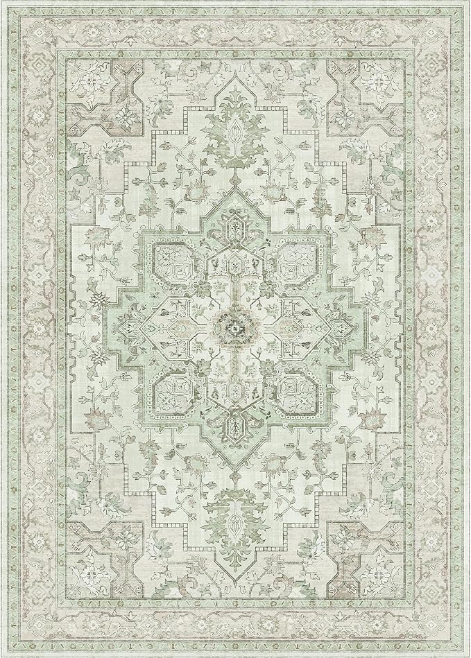 GENIMO 7'6''x9'6'' Area Rugs for Living Room, Machine Washable Non Slip Vintage Rugs, Low Pile Lightweight Chenille Print Rug for Bedroom, Dining Room, Home Office, Oat Light