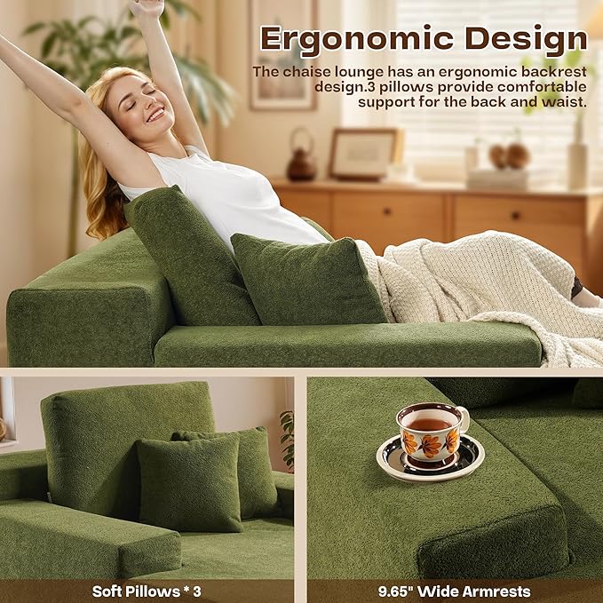 Chaise Lounge Chair Indoor, Oversized Sleeping Couch 67" L * 48.5" W Assembly Free Modern Minimalist Sofa, Extra Deep Large Single Seat Sofa for Living Room (Green Velvet Fabric)
