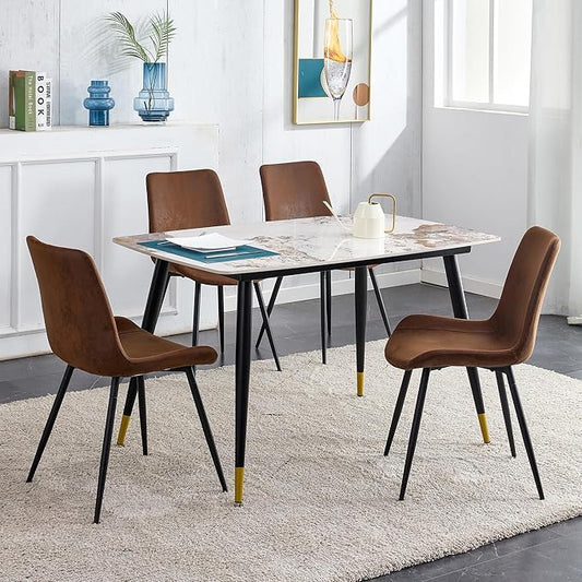 Granite Modern Dining Table Set for 4, 50" Sintered Stone Kitchen Table and 4 Upholstered Suede Leather Chair Dining Room Table Set for 4(1Marble Table and Brown Chairs Set of 4)