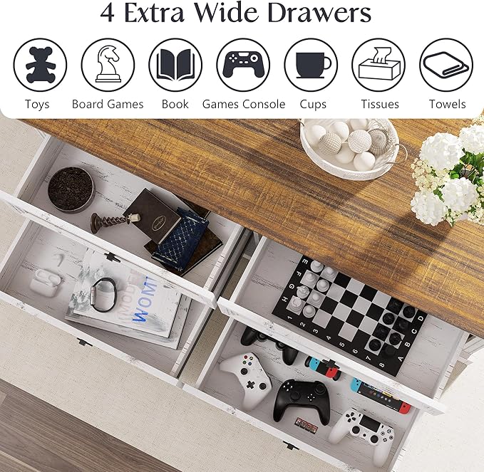 Coffee Table with Storage, 47.2 in Farmhouse Wooden Center Table with 4 Drawers for Living Room, Antique White Walnut, Easy Assembly Rectangle Home Office Tea Accent Table for Apartment
