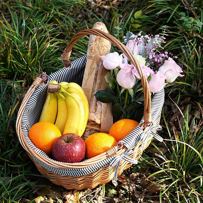 G GOOD GAIN Oval Picnic Basket with Folding Handles, Willow Hand Woven Shopping Basket, Bath Toy Kids Toy Storage Gift Packing Basket, Wicker Empty Easter Eggs and Candy Small Gift Basket. Grey