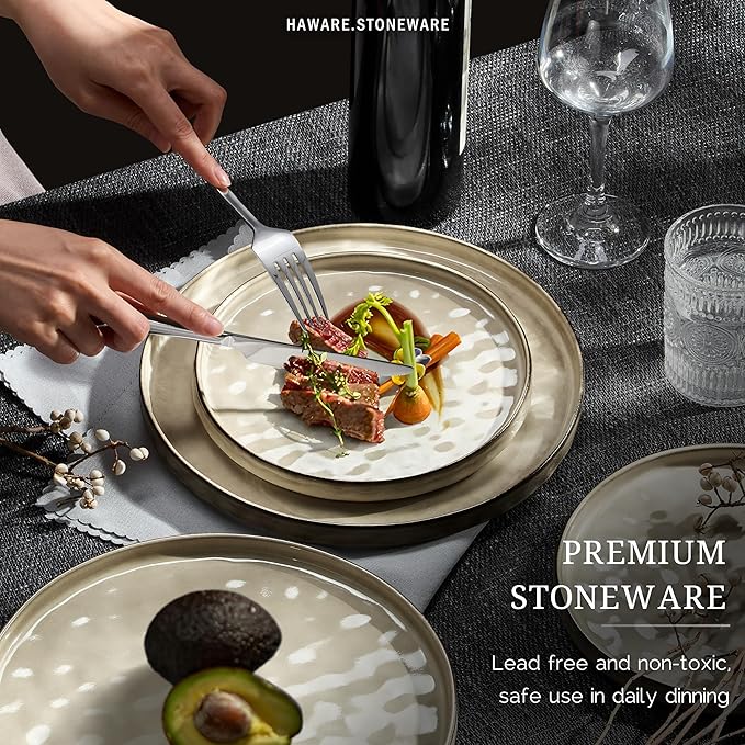 HaWare Dinnerware Sets, 12-Piece Plates and Bowls Set, Stoneware Dish Set for 4, Ceramic Dinnerware for Home Restaurant, Chip and Scratch Resistant, Microwave and Dishwasher Safe, Saturn Khaki