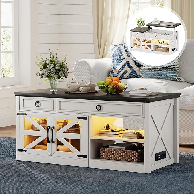 Lvifur 48" Farmhouse Lift Top Coffee Table with LED Lights & Charging Station, Living Room Center Table with 2 Hidden Storage Compartments, Lifting Tabletop and Adjustable Shelf (White)