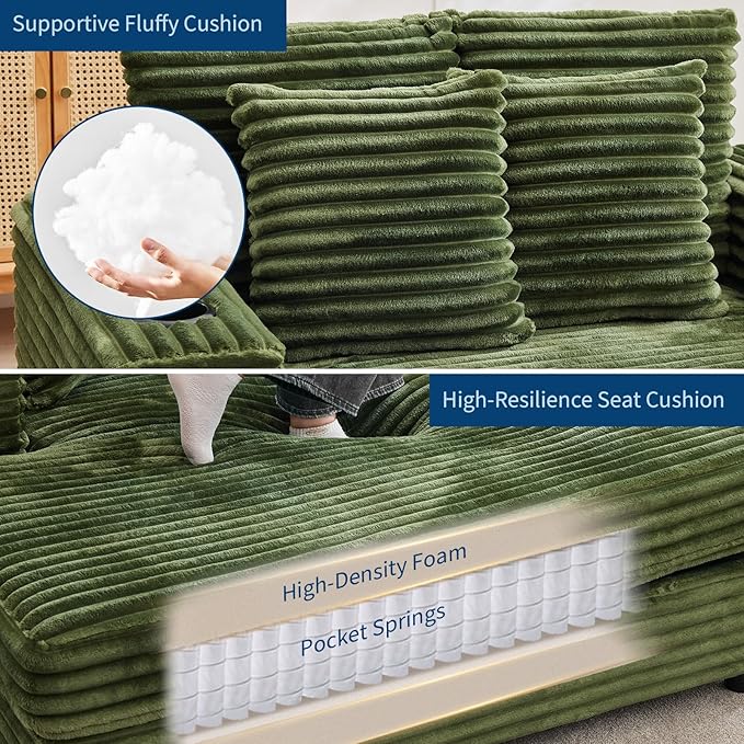 GarveeHome Oversized Chaise Lounge Chair Indoor, 56x60 Inch Comfortable Corduroy Lounge Sofa with Charging Ports & Cup Holders, Cozy Reading Couch for Bedroom Living Room Apartment, Green