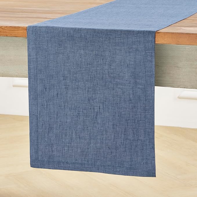 Solino Home Linen Table Runner 156 Inches Long - Athena, 100% Pure Linen Blue Denim Dining Table Runner 14 x 156 Inch for Christmas