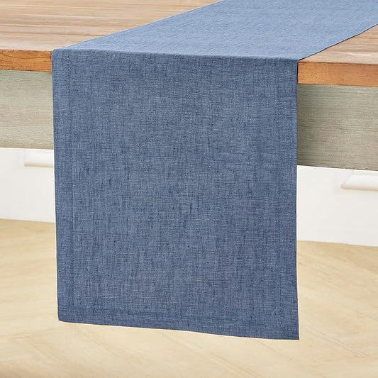 Solino Home Linen Table Runner 156 Inches Long - Athena, 100% Pure Linen Blue Denim Dining Table Runner 14 x 156 Inch for Christmas