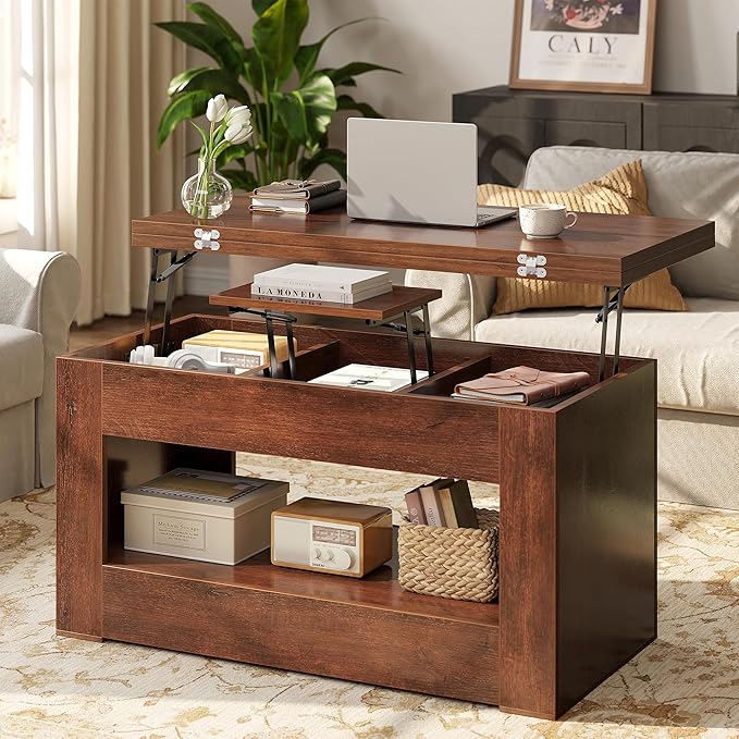 40" Lift Top Coffee Table, 4 in 1 Multi-Function Lift Coffee Table with Storage and Hidden Compartment, Convertible Coffee Tables to Dining Table for Living Room, Walnut