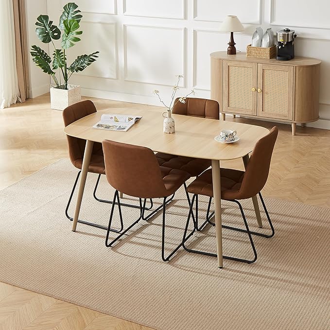 Modern 4-Piece Dining Table Set for 4 | 55-Inch Wood Kitchen Table & 4 Brown Leather Chairs | Space-Saving Dining Set for Small Spaces, Breakfast Nook, Dining Room