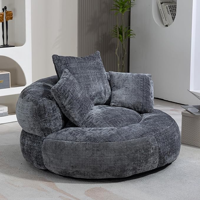 42'' Oversized Round Chair, Single Lounge Chaise Upholstered Sofa Bed with Deep Seat, Chenille Bean Bag Chiar with Pillows for Living Room, Bedroom, Apartment, Reading, No Assembly (Gray)