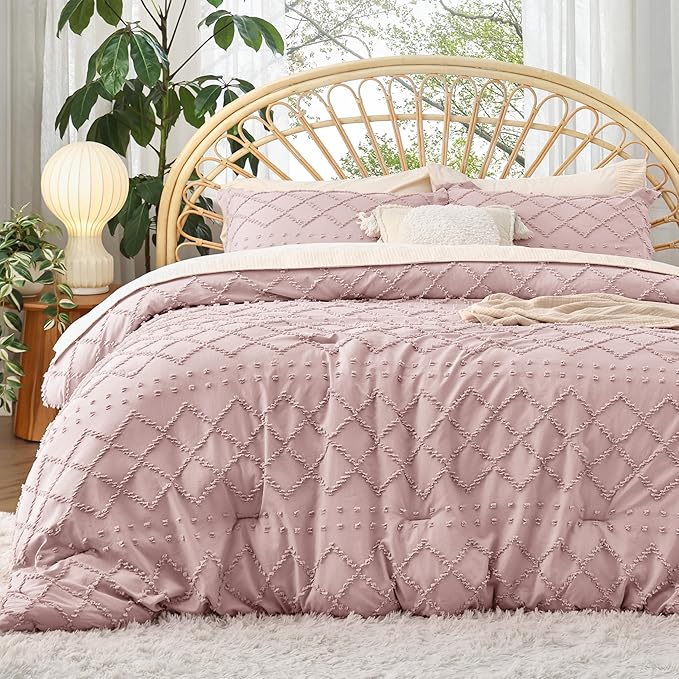 Bedsure Twin Comforter Set - Dusty Rose Comforter, Boho Tufted Shabby Chic Bedding for Kids, 2 Pieces Vintage Farmhouse Bed Set for All Seasons, Fluffy Soft Bedding with 1 Pillow Sham