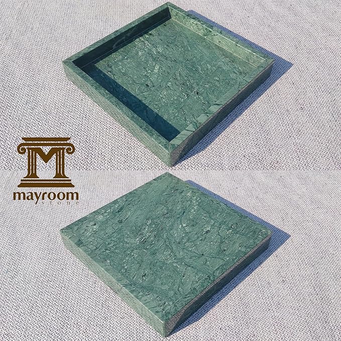 8x8 Natural Marble Vanity Tray: Polished Luxury Square Organizer for Bathroom Kitchen Dresser Makeup Jewelry Coffee Table Home Decor, Dark Green