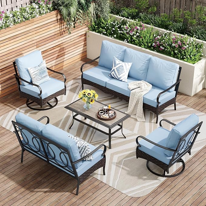 PHI VILLA Outdoor Modern Patio Furniture Set, Upgraded Wicker&Metal Patio Furniture Conversation Set with Waterproof Thick Cushions for Porch, Poolside, Deck, and Yard (5 Pieces,Blue)