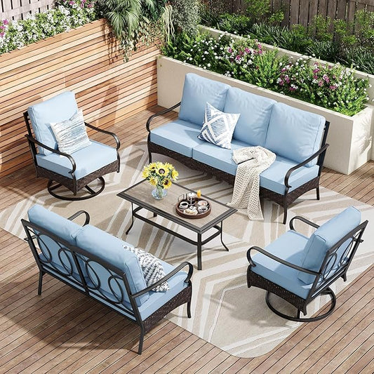 PHI VILLA Outdoor Modern Patio Furniture Set, Upgraded Wicker&Metal Patio Furniture Conversation Set with Waterproof Thick Cushions for Porch, Poolside, Deck, and Yard (5 Pieces,Blue)