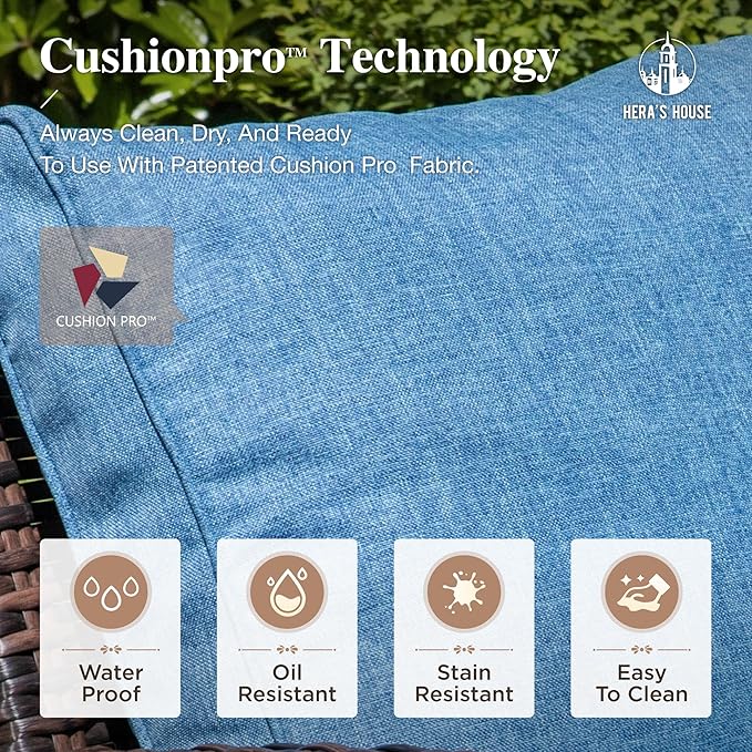 Oversized Patio Wicker Chairs, High Back Outdoor Swivel Chairs Set of 2 with Rattan Side Table, 5.5" Thick Cushions, 3-Piece Patio Furniture Sets for Deck Porch Pool, Brown/Blue