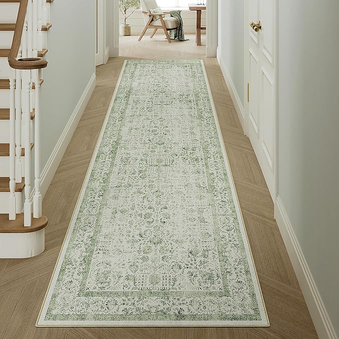 Runner Rug 2x7 Sage Green Hallway Washable Vintage Distressed Kitchen Carpet Non Slip Neutral Low Pile Retro Floral Farmhouse Long Throw Rug Entryway Bathroom Office Laundry Dining Room