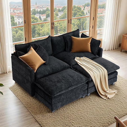 SweetGO corporation 40" Chenille Lounge Chair for Reading, Modern Couch Cozy Sofa Bed, Upholstered Living Room Single Sofa Accent Chair with Ottoman Set of 2, Black