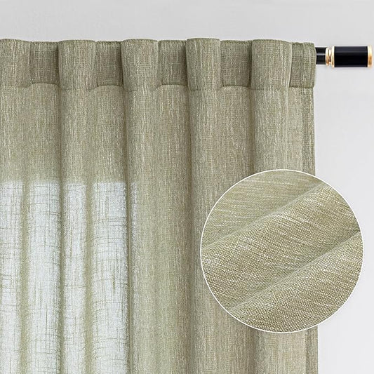 MYSKY HOME Patio Sage Curtains for Sliding Door, Living Room Curtains & Drapes Soft Farmhouse Window Treatments 90 inch Length 2 Panels Set Linen Look Semi Sheer Draperies, 50" W x 90" L, Sage Green