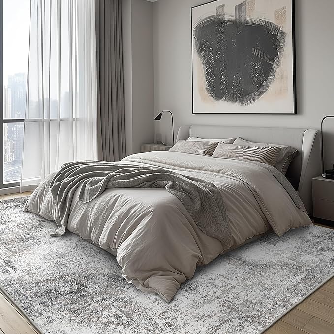GENIMO Washable Area Rugs for Living Room, 10x14 Modern Non Slip Rugs, Low Pile Lightweight Soft Print Rug for Bedroom, Dining Room, Home Office, Grey