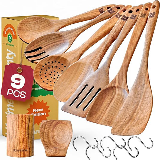 Riveira 9 Pieces Teak Wooden Spoons For Cooking – Premium & Durable Organic Teak Wooden Cooking Utensils – Non Stick Wooden Spatula For Cooking – Non Toxic Utensil Set With Holder & Spoon Rest