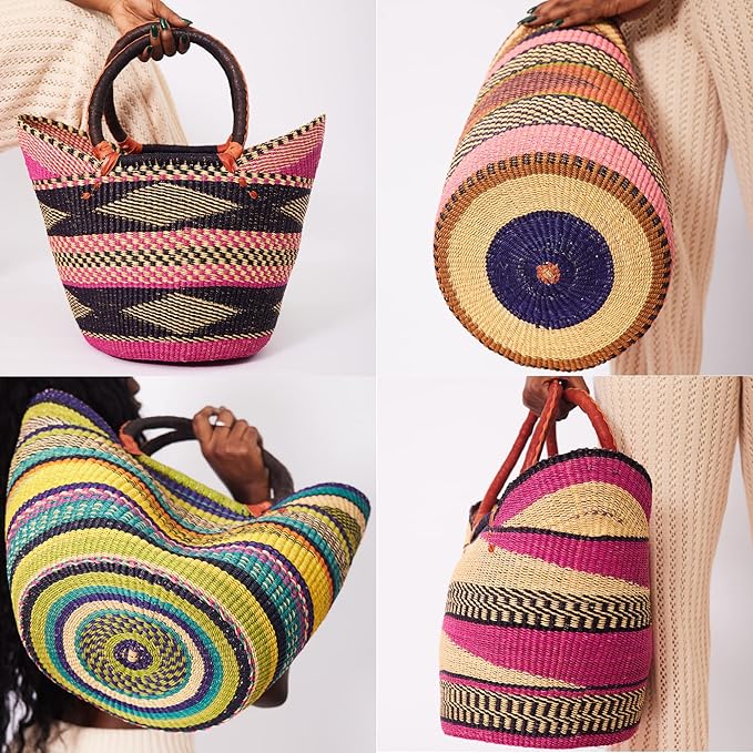 AYÉYA Handwoven African Basket – Winged Style – Wide Open Wicker Tote with Leather Handles – Unique Market or Foraging Basket – Handmade in Ghana