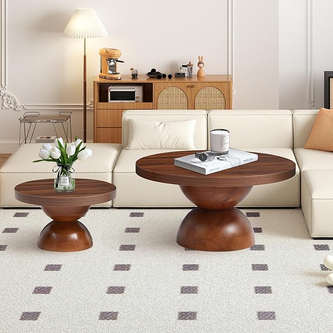 Solid Wood Round Nesting Coffee Table Set of 2, Circle Accent Tables with Unique Semi-Circular Legs, Modern Farmhouse Side End Table Set for Small Space Living Room Office (Walnut)