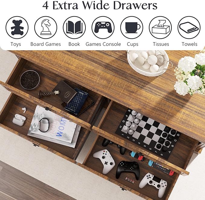 Coffee Table with Storage, 47.2 in Rustic Wooden Center Table with 4 Drawers for Living Room, Easy Assembly Rectangle Home Office Farmhouse Tea Accent Table for Apartment, Walnut