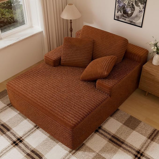 67" Oversized Chaise Lounge Chair Indoor, Cloud Couches for Living Room, Corduroy Sleeper Sofa Bed, No Assembly Required, Deep Seat Lounge Chair with Pillows Orange-Brown