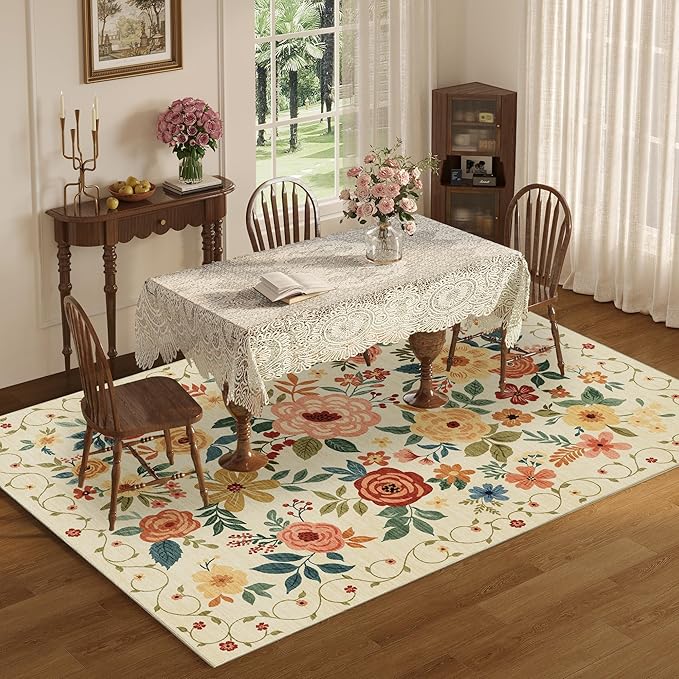 DUKINO 5x7 Area Rug, Floral Rugs for Living Room, Lightweight Non Slip Washable Rug, Indoor Low Pile & Non-Shedding Boho Design Rugs for Bedroom, Living Room, Dining Room, Beige Yellow