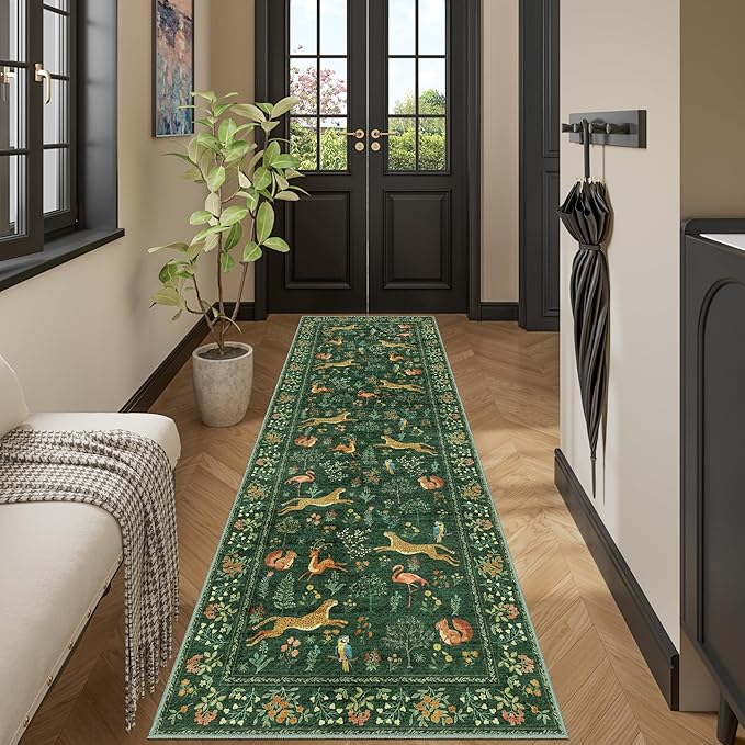 DUKINO 2.6x8 Rug for Hallway, Washable Kitchen Runner Rug with Non Slip Backing, Soft Low Pile Vintage Animal Runner for Bedroom, Kitchen, Hallway, Entryway, Laundry, Green