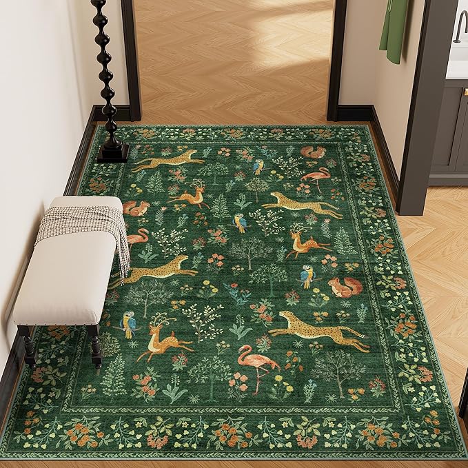 DUKINO 3x5 Rug, Washable Animal Area Rug with Non Slip Vintage Design, Indoor Soft Low Pile Carpet for Bedroom, Nursery, Dining Room, Farmhouse, Playroom, Green
