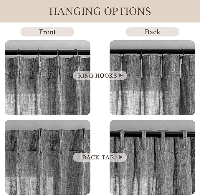 MYSKY HOME Grey Bedroom Curtains Semi Sheer Light Filtering Privacy Drapes Linen Look Textured Boho Country for Living Room, Pinch Pleated Curtain for Dining Room, 40 x 90 in, Dark Grey, 2 Panels