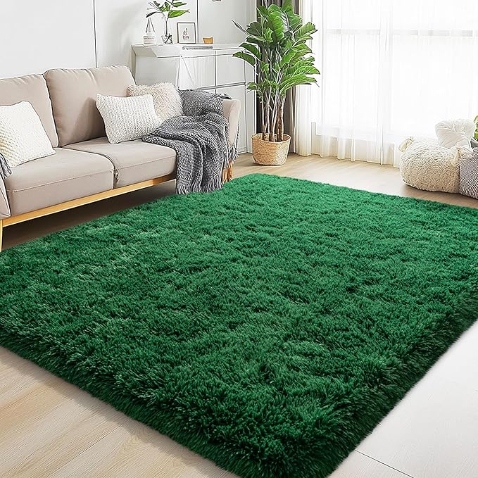 5x7 Area Rugs for Living Room, Green Fluffy Shaggy Rug Soft Carpets, Rugs for Bedroom Nursery Kids Room Dorm Home Decor Aesthetic, Dark Green