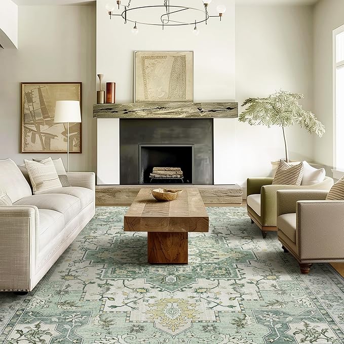 GENIMO 10x12 Area Rugs for Living Room, Machine Washable Non Slip Vintage Rugs, Low Pile Lightweight Chenille Print Rug for Bedroom, Dining Room, Home Office, Green