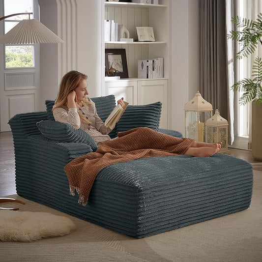 Oversized Chaise Lounge Chair Indoor, Corduroy Sofa Bed with Throw Pillows, Cozy Cloud Couch, Upholstered Sleeper Sofa Couch for Living Room, Bedroom, Apartment, Dark Gray